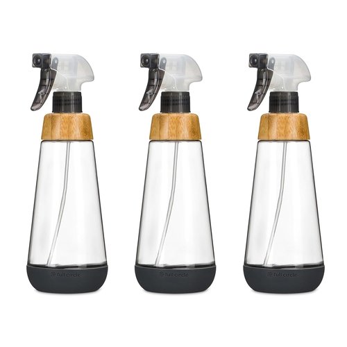 Full Circle | Refillable Glass Spray Bottle - Versatile Stream & Mist Options, 16oz Gray, 3 Pack for Non-Toxic Cleaning & Plant Care