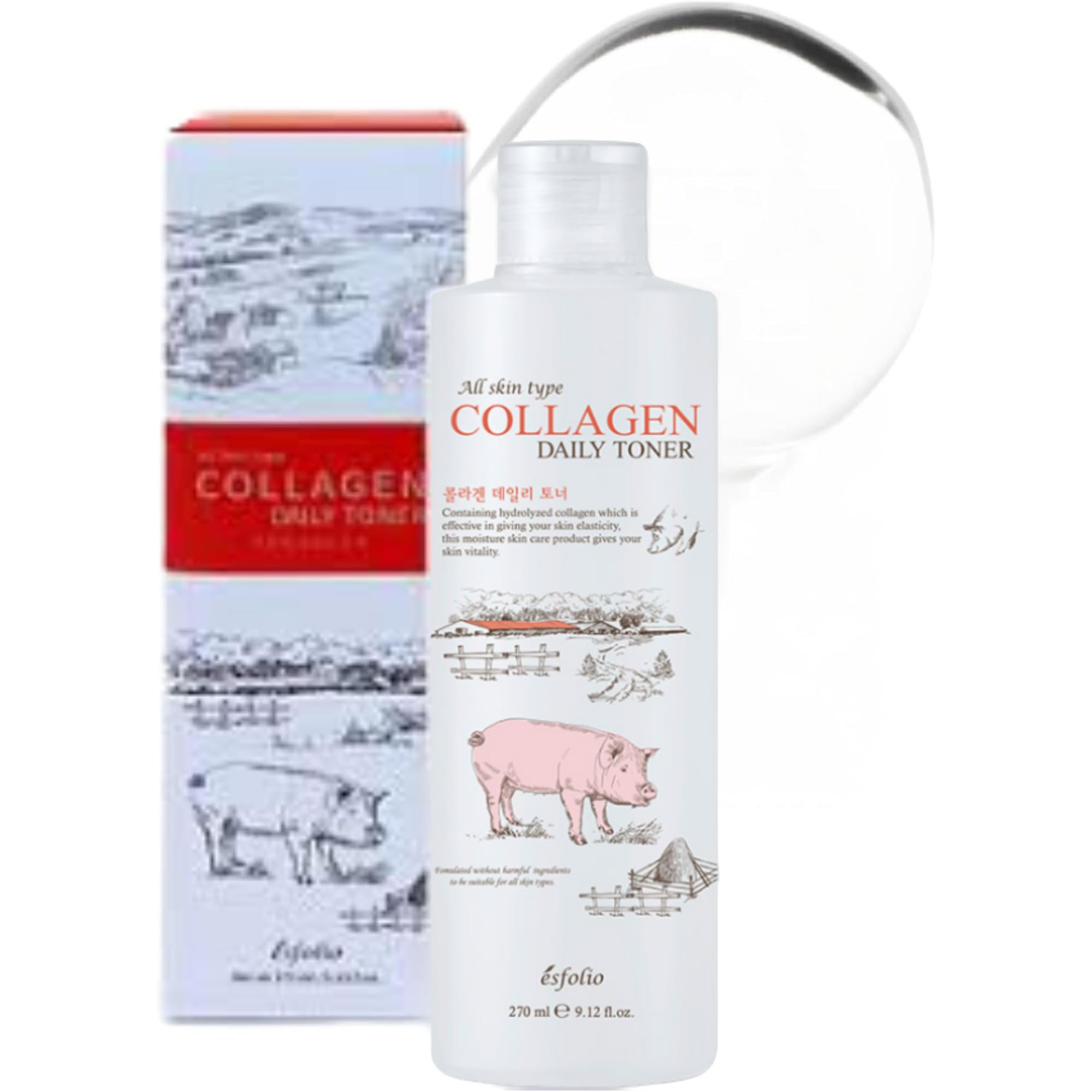 Esfolio Collagen Daily Toner – Hydrating & Firming Facial Toner with Hydrolyzed Collagen, Moisturizing & Soothing Skincare for All Skin Types, Anti-Aging & pH Balancing Korean Beauty (9.12OZ/270ML)