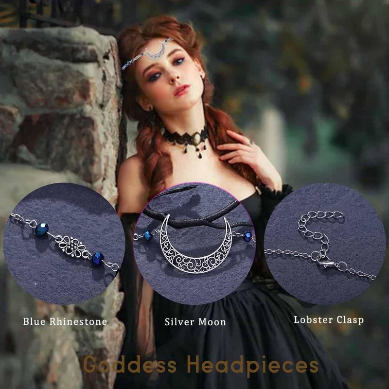 Yalice Boho Crescent Moon Head Chain Vintage Black Crystal Headband Chain Rhinestone Headpieces Witchy Forehead Chain for Women (Silver-Blue2, One Size)