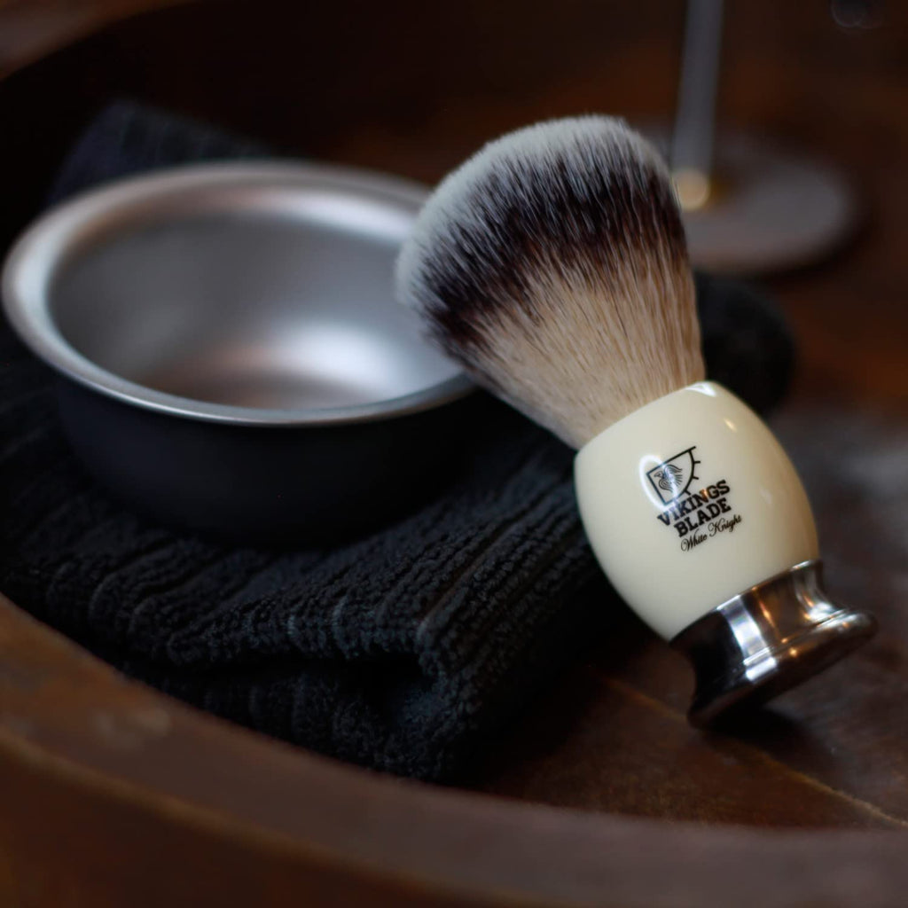 Luxury Shaving Brush for Men by VIKINGS BLADE, Ultra Heavy Acrylic & 316L Steel Handle, Super Strong Knot Backbone, Minimal Shedding, Fast Lather, Extremely Smooth & Plush on Skin (White Knight)
