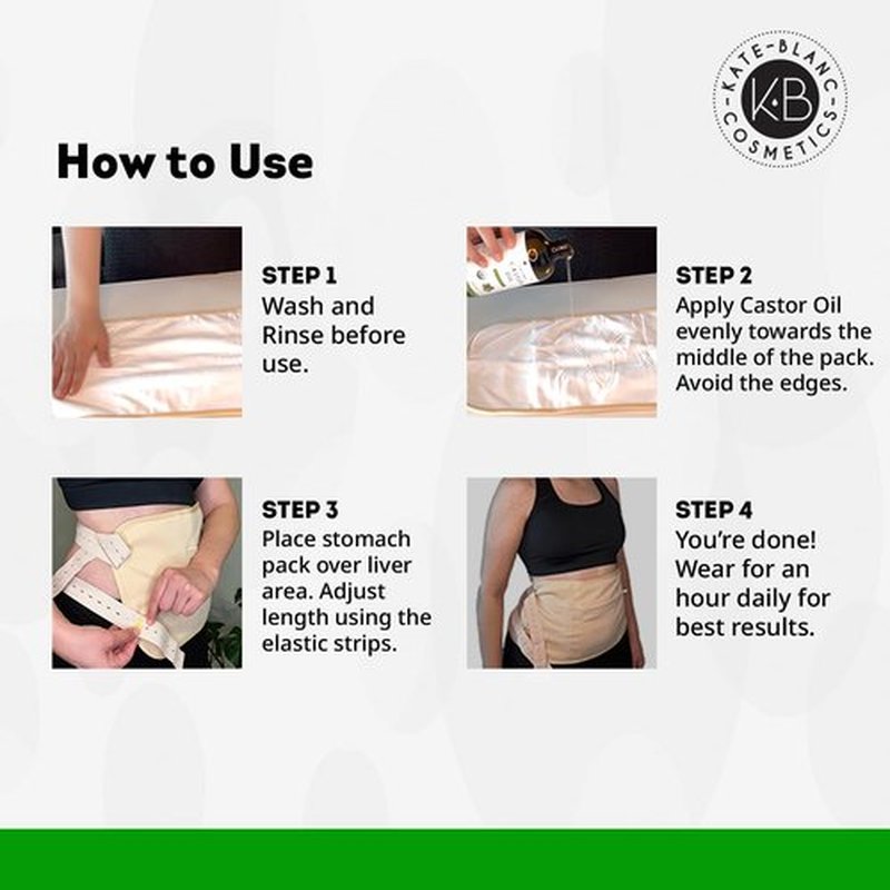 Kate Blanc Cosmetics Castor Oil Pack Wrap for Stomach & Belly (16oz Glass Bottle) Moisturize Body & Skin. Reusable, Adjustable, Comfortable Fit.
