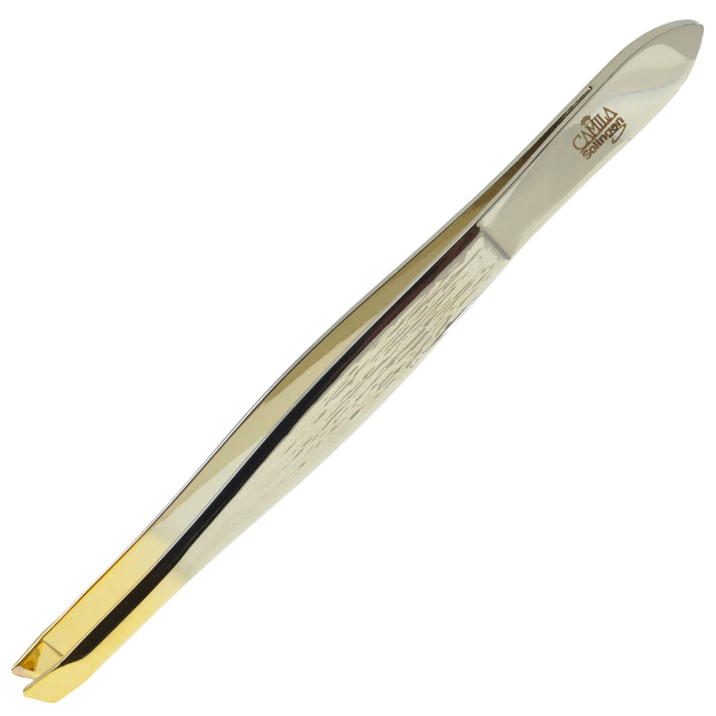 Camila Solingen CS29 3 1/2" Gold Tipped, Surgical Grade, German Carbon Steel Tweezers (Slanted) - Flawless Eyebrow and Facial Hair Shaping and Removal for Men/Women