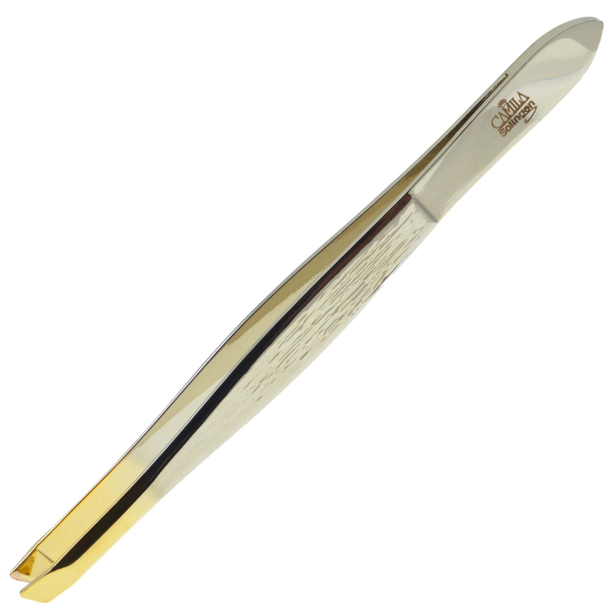 Camila Solingen CS29 3 1/2" Gold Tipped, Surgical Grade, German Carbon Steel Tweezers (Slanted) - Flawless Eyebrow and Facial Hair Shaping and Removal for Men/Women