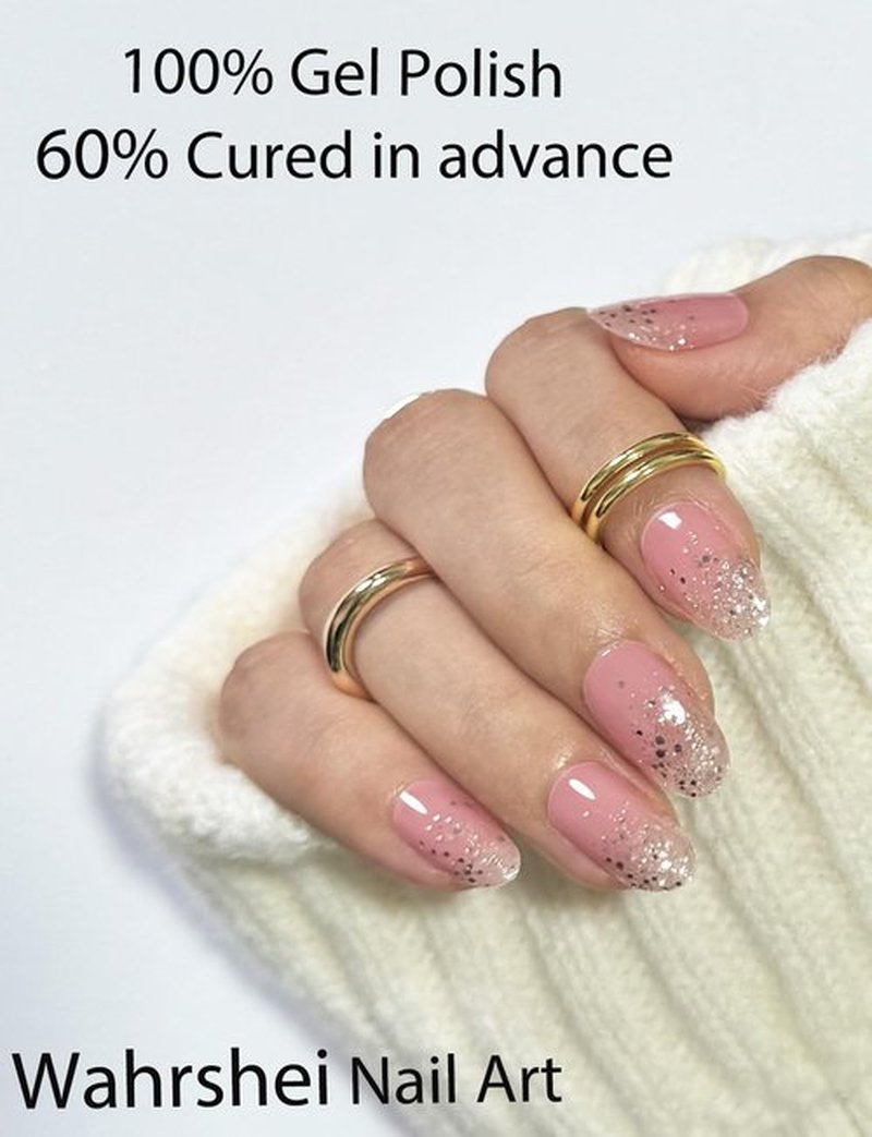 Semi Cured Gel Nail Strips, 20pcs French Sequin Gel Nail Stickers UV for Home Nails DIY