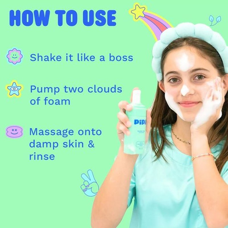 Pipa Skincare Squeaky Clean Foaming Cleanser 3.4 fl oz | Gentle Face Wash for Kids & Teens Ages 8 to 13 | Fragrance-Free, Dermatologist & Pediatrician Approved | Daily Hydrating Facial Cleanser