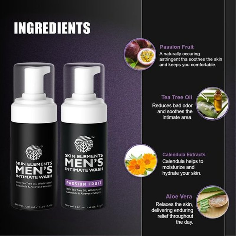 Skin Elements Men's Intimate Wash Combo | Pack of 2 | Jabon Intimo Hombre | Tea Tree Oil + Passion Fruit | pH Balanced Foaming Wash | Soothes, Refreshes & controls Bad Odor | (240 ml)