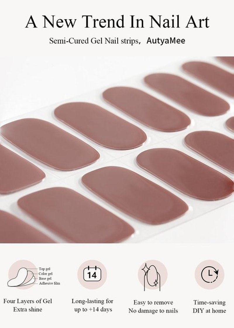 AutyaMee Semi Cured Gel Nail Strips (Chestnut N), Brown, 20 Pcs Fall Gel Nail Wraps, Stickers, UV Light Required, Salon Quality
