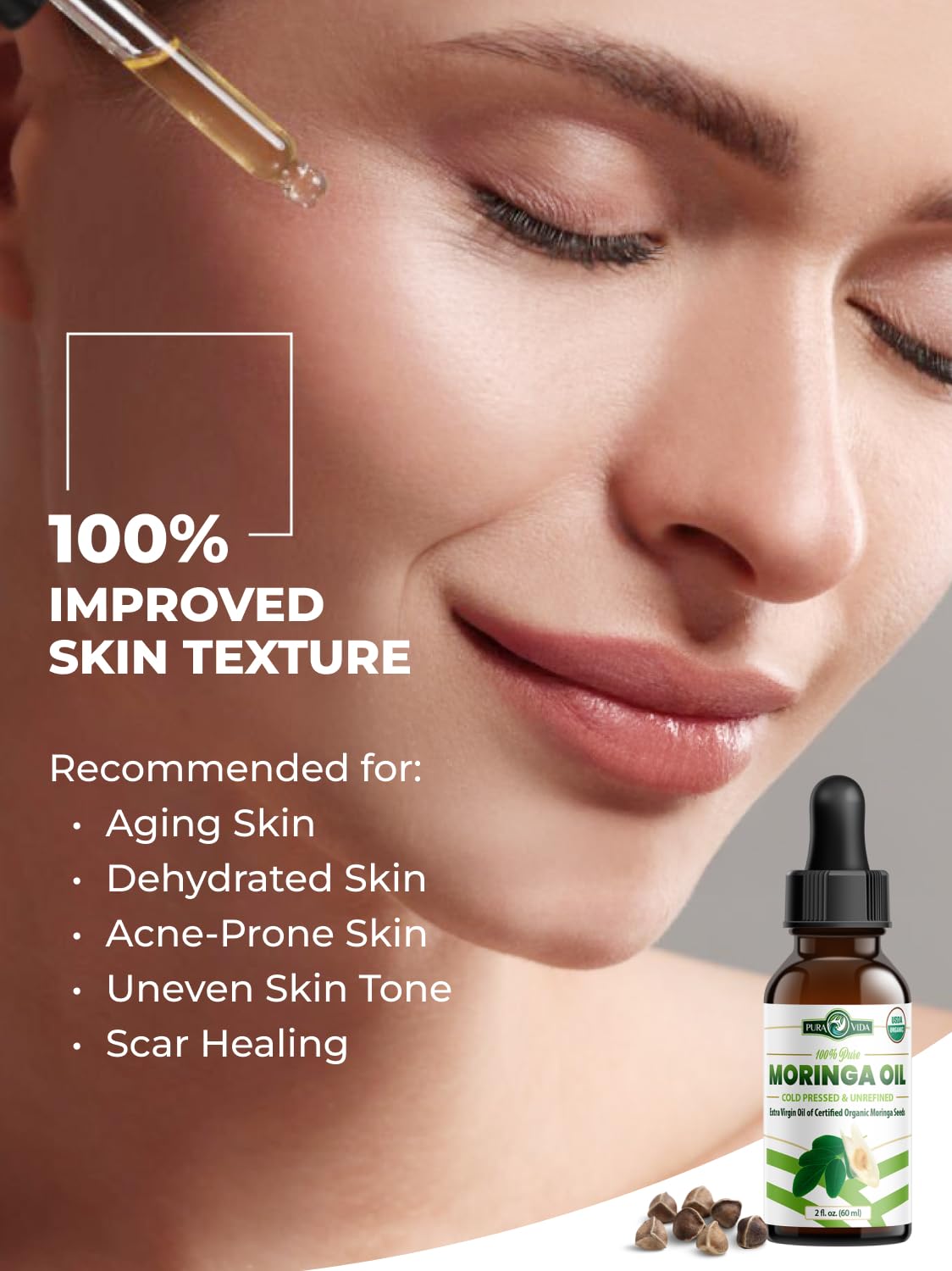 USDA Organic Moringa Seed Oil: 100% Pure, Cold Pressed, Unrefined Moringa Oleifera Seed Oil. 2 oz Bottle with Treatment Pump. For Skin and Hair - Food Grade for Oral Consumption