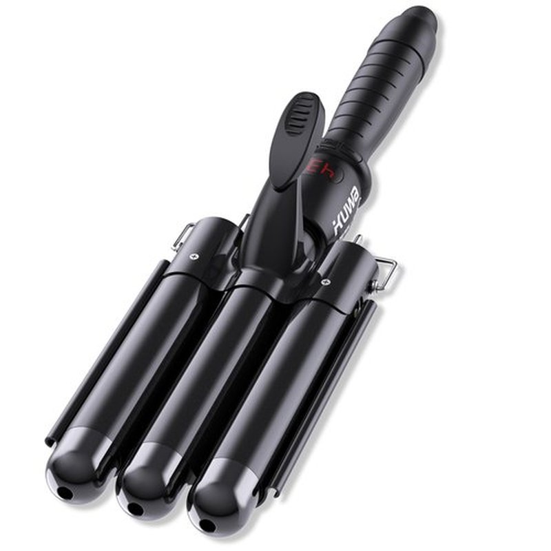 kuwa Three Barrel Curling Iron,Hair Crimper with LCD Temperature Display,1 Inch Crimper Hair Tool,Dual Voltage Hair Crimper,Beach Waver Curling Iron (Black)