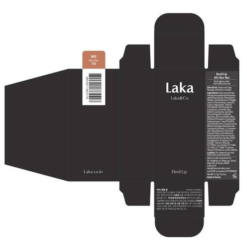 Laka Devil Lip, 3.7g/0.13oz, Vivid color Lipstick, Long-Lasting Bold Stian, Hydrating & Melting Glow with Non-Creasing, K-Beauty (#801 MurMur)