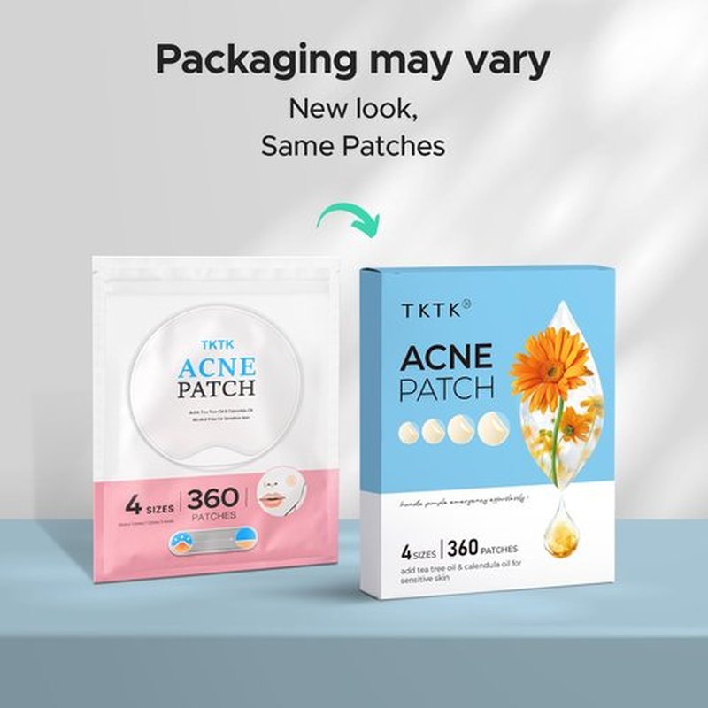 TKTK Hydrocolloid Acne Patches, Pimple Patches for Face with Tea Tree & Calendula Oil - 4 Sizes Clear Cover Stickers, Invisible for Day & Night Use (360 Count)