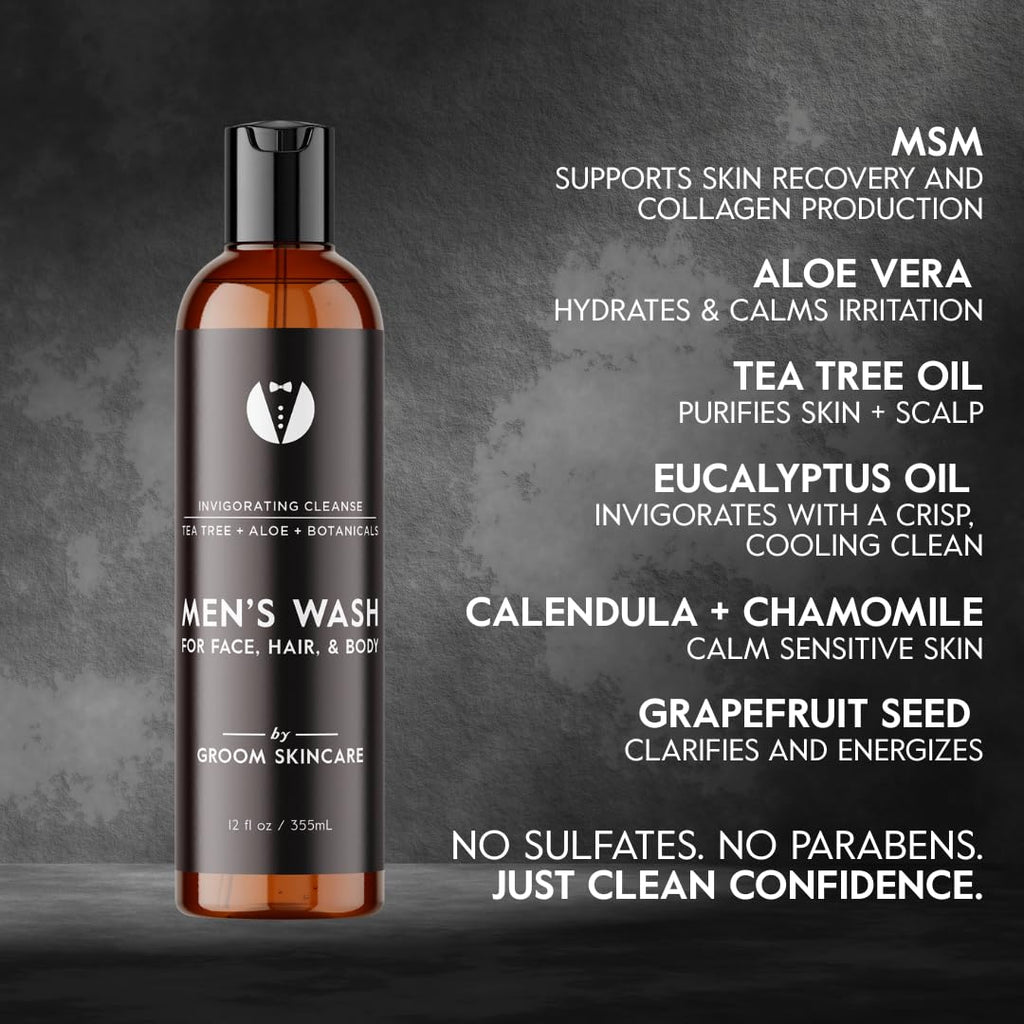 GROOM 3-in-1 Hair, Face & Body Wash for Men | Organic Aloe & Essential Oils | Gentle, Plant-Based Cleanser for Shower, Shave & Skin | Fresh Scent | 12 oz