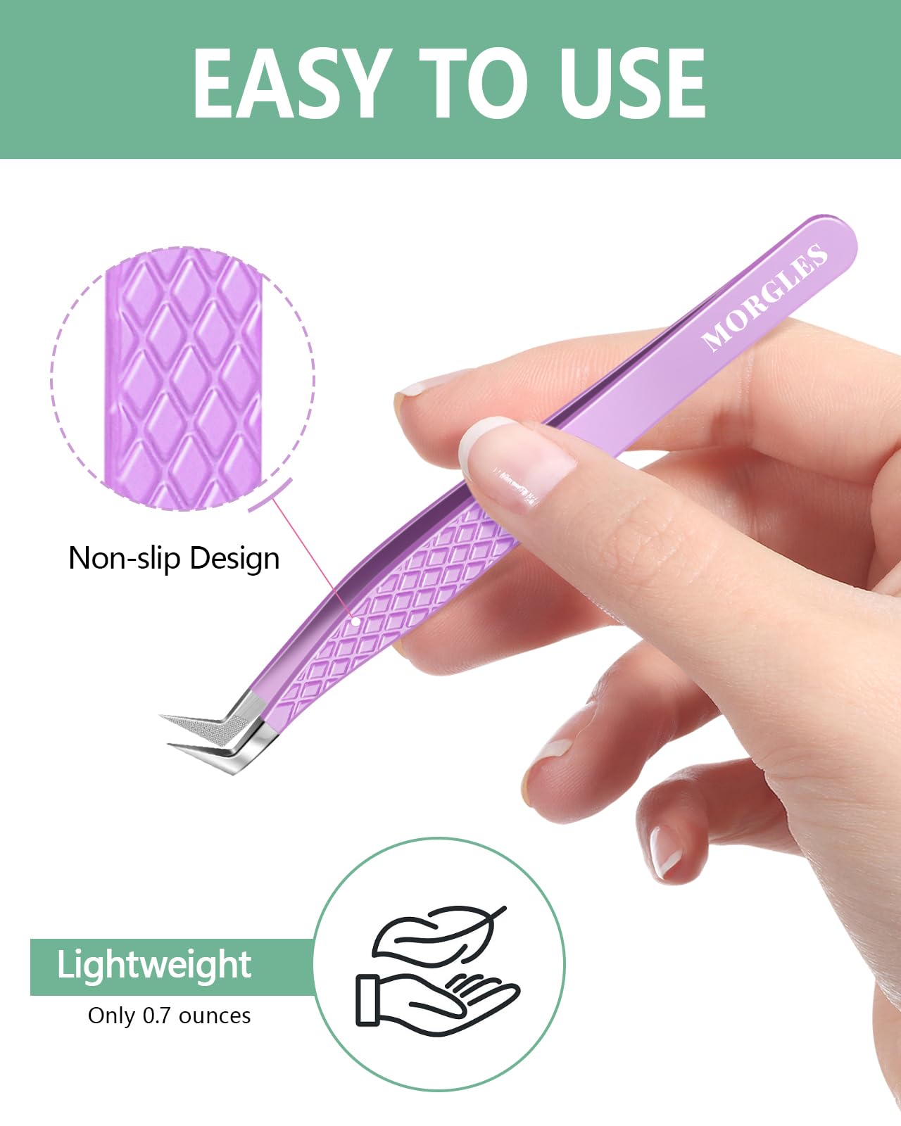 MORGLES Lash Tweezers for Eyelash Extensions, 90 Degree Fiber Tip Eyelash Extension Tweezers for Volume Lashes with Bag, Purple