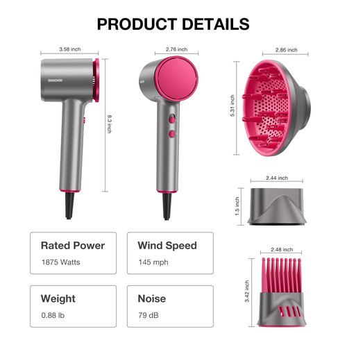 BABONIR High-Speed Hair Dryer 110,000 RPM, 1875W Ionic & Plasma Blow Dryer with Diffuser, Concentrator & Comb, 550 Million Ionic Hairdryer with Cool Shot, Low-Noise CompactPro Travel & Salon – Gray