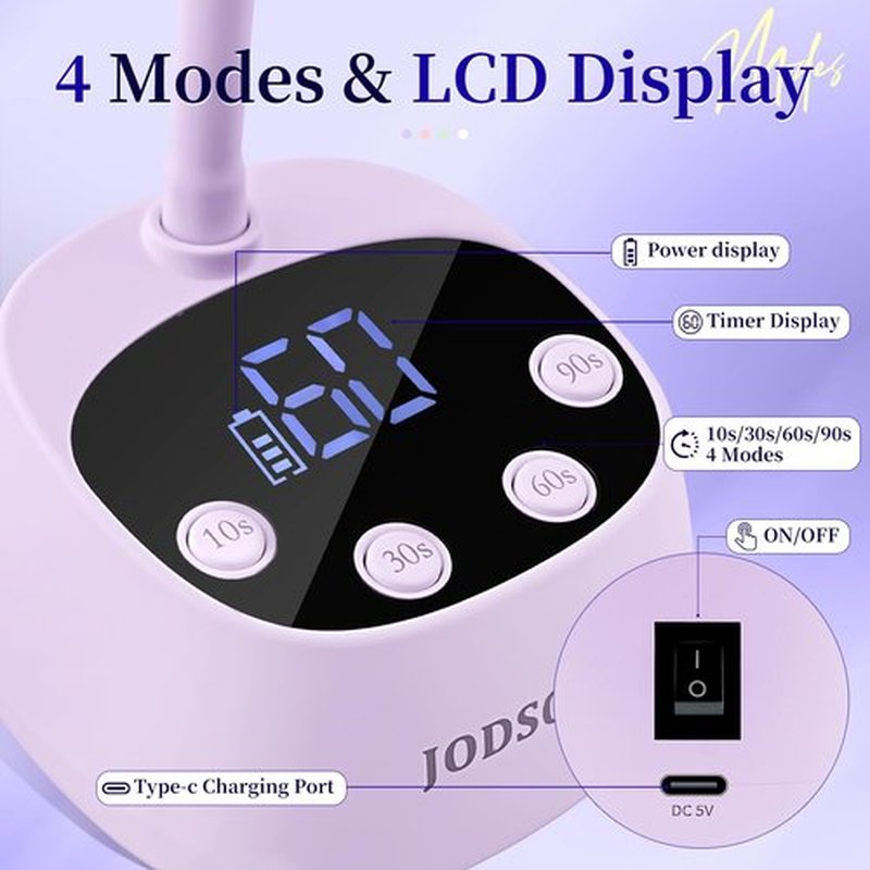 JODSONE Rechargeable Fast Curing U V Nail Lamp -Cordless Portable and Flexible Gooseneck for Gel Polish, Auto Sensor & 4 Timers Lavender Purple