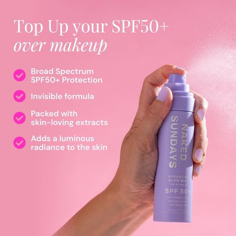 Naked Sundays SPF 50 Hydrating Glow Face Mist - Lightweight Sunscreen & Makeup Setting Spray with Hyaluronic Acid | 75ml