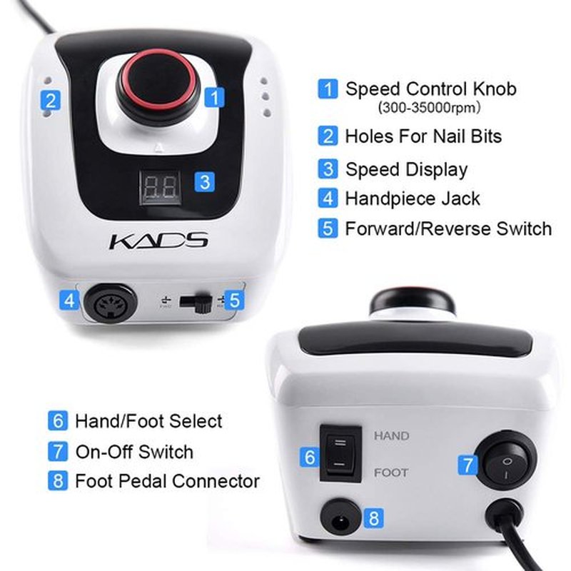 KADS 300-35000RPM Electric Nail Drill Machine Set Low Noise Vibration for Acrylic Nail Drill Gel Art Remover Pedicure Tool Glazing Polisher Polishing Grinder