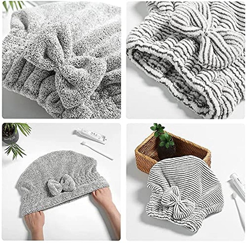 SportMore Microfiber Hair Towel Wrap, Soft Absorbent & Quick Drying Cap Set for Curly Thick Hair, Women & Girls - 2 Pcs (Stripe & Gray)