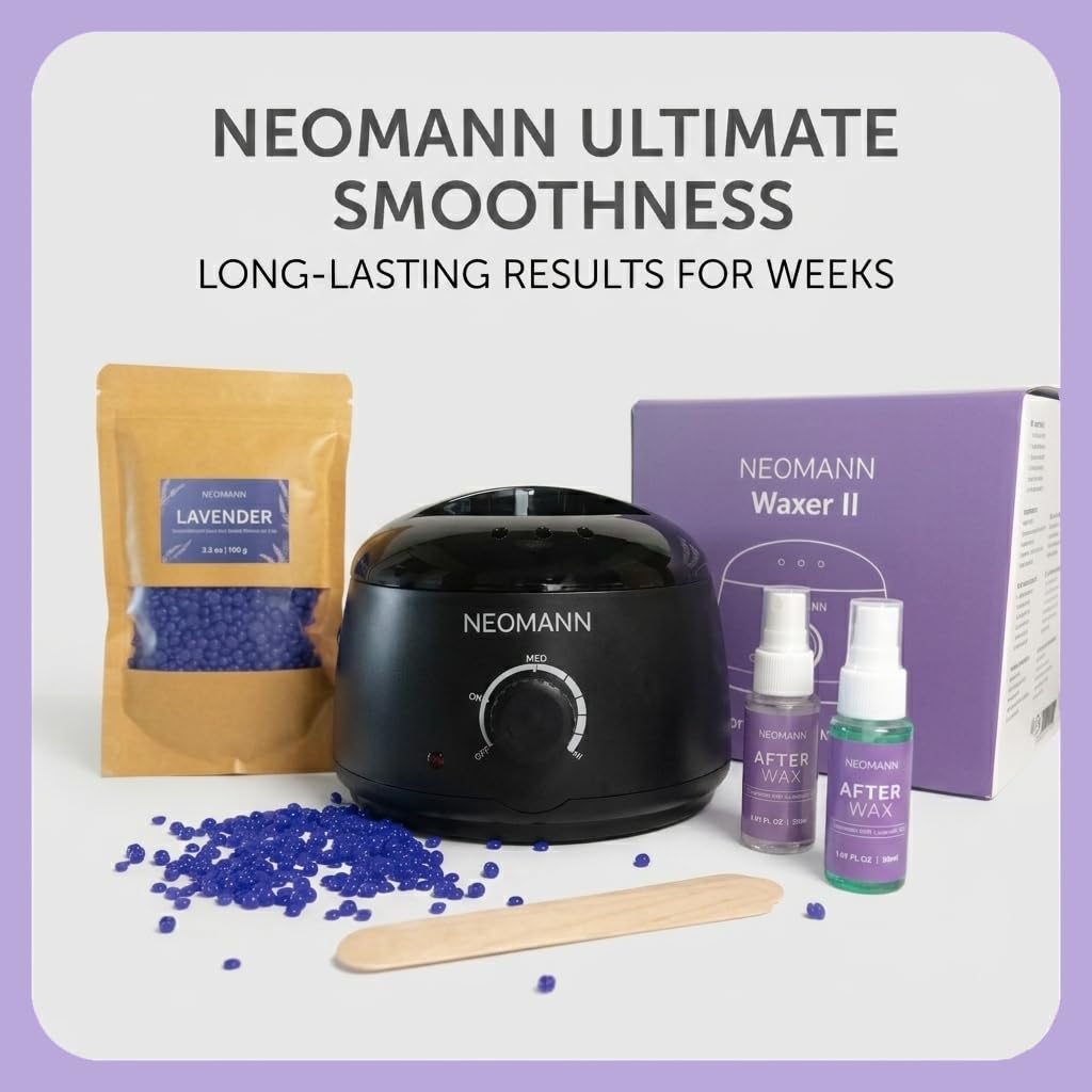 NEOMANN Brazilian and Bikini Waxing Kit for Women Hard Wax Warmer, Lavender Beads, Pre & Post Wax Spray, At Home Hair Removal Kit for Face, Legs,Body, and Underarms, Beginner Friendly