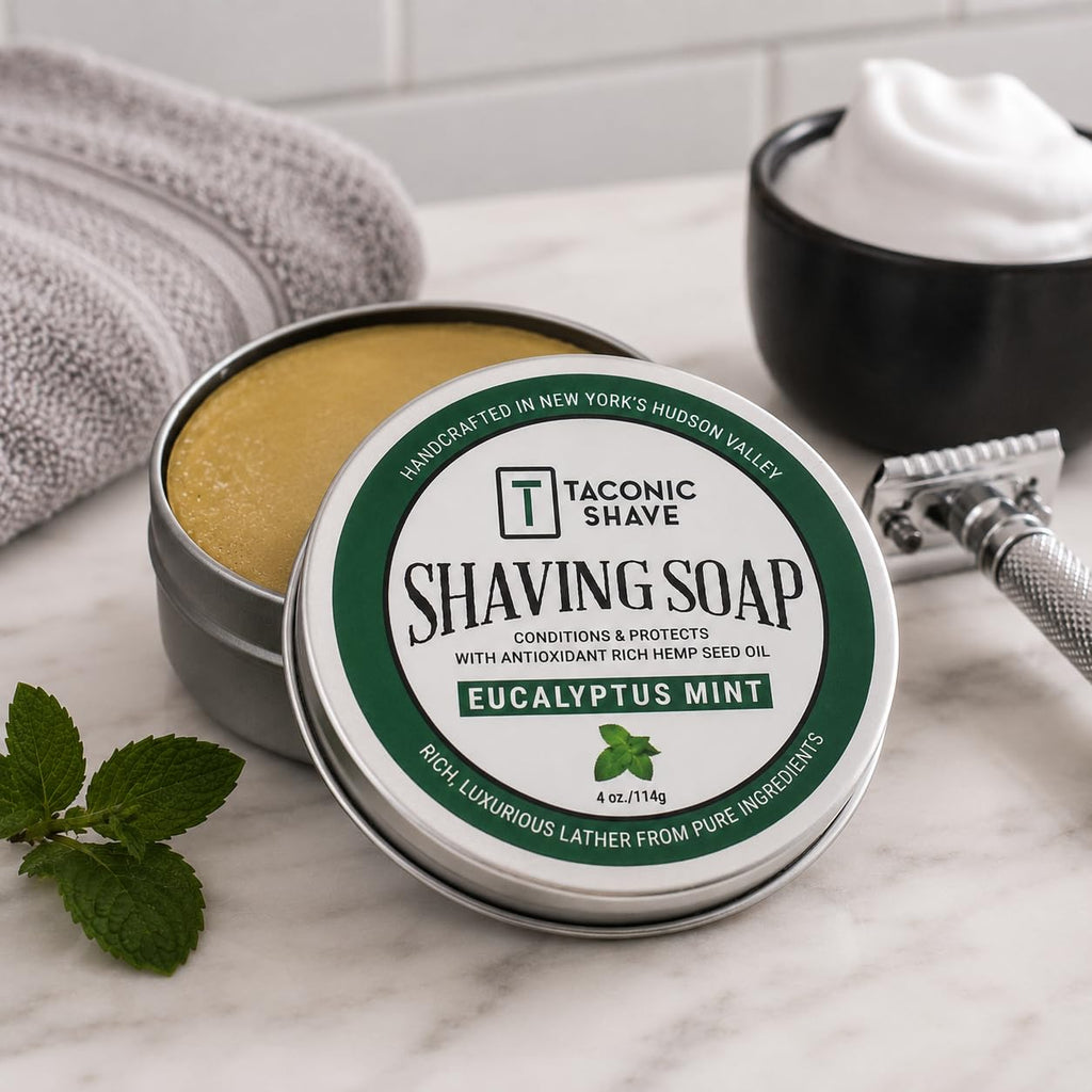 Taconic Shave Eucalyptus Mint Scent Shaving Soap – Invigorating Eucalyptus Menthol Aroma – Barbershop Quality Puck with Natural Oils – Cooling Lather – Made in USA