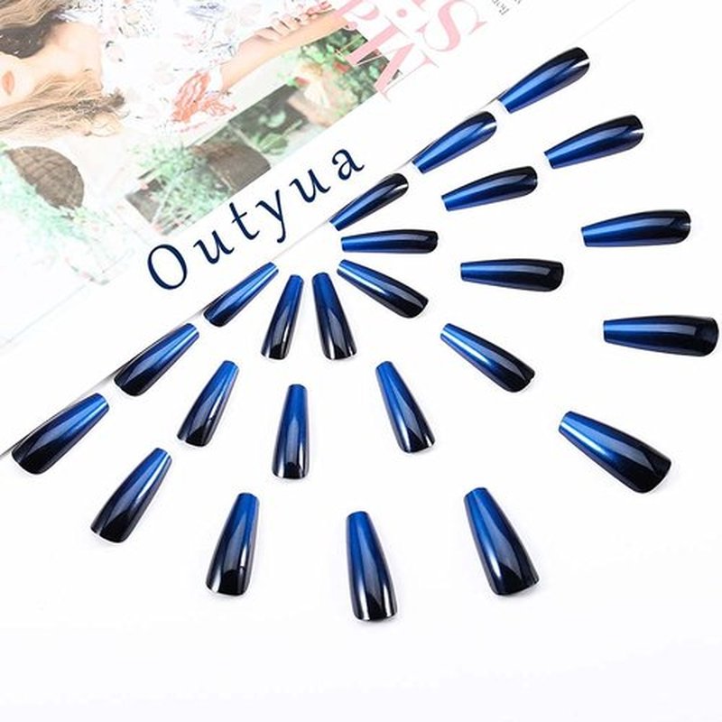 Outyua Ombre Extra Long Press on Nails Coffin Fake Nails Ballerina False nails Acrylic Halloween Christmas Nails for Women and Girls 24Pcs (Black and Blue)