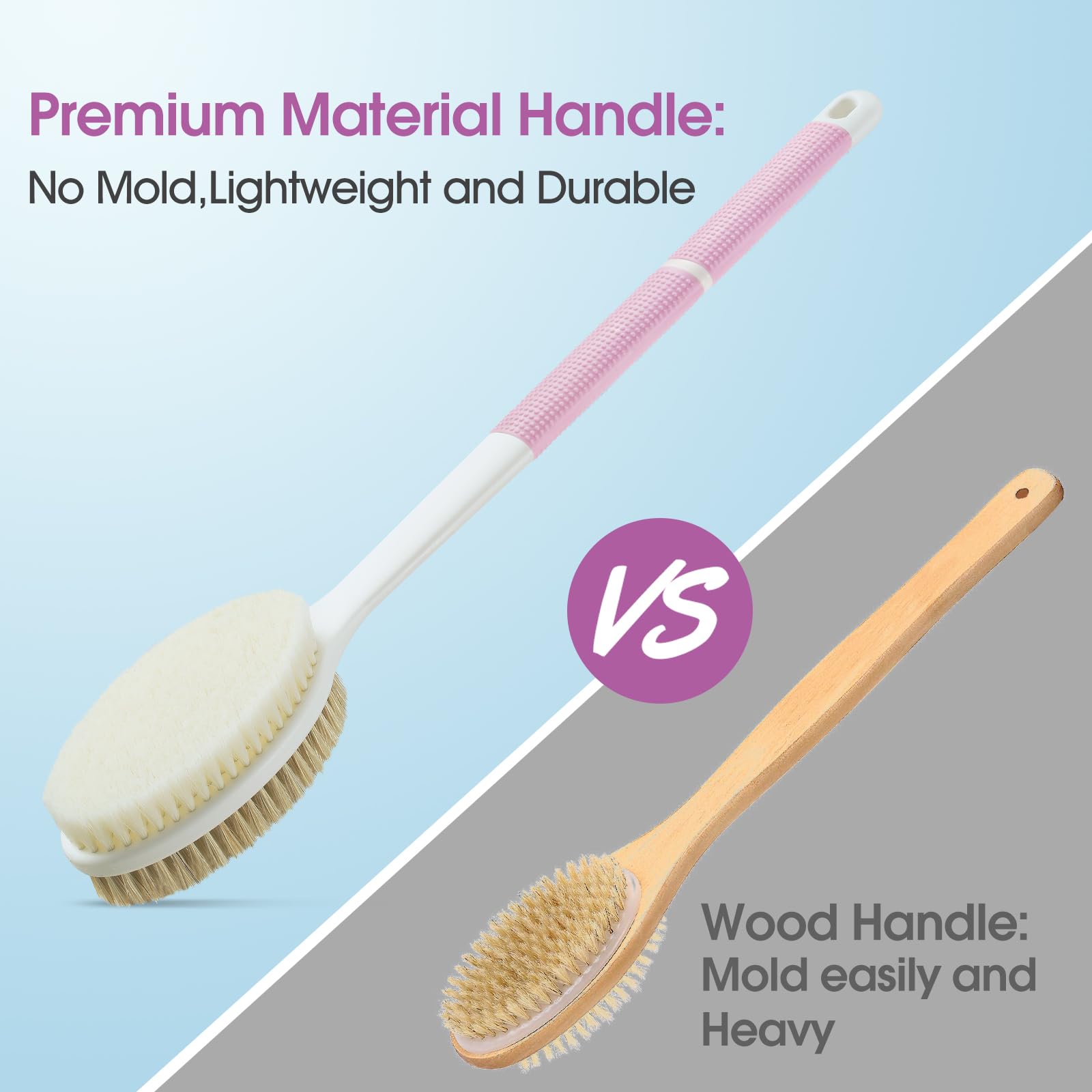 Backski Body Scrubber Anti Slip for Shower,Shower Brush Long Handle with Stiff and Soft Bristles,Body Wash Exfoliating Back Scrubber for Bath or Dry Brushing Body Brush(Pink)