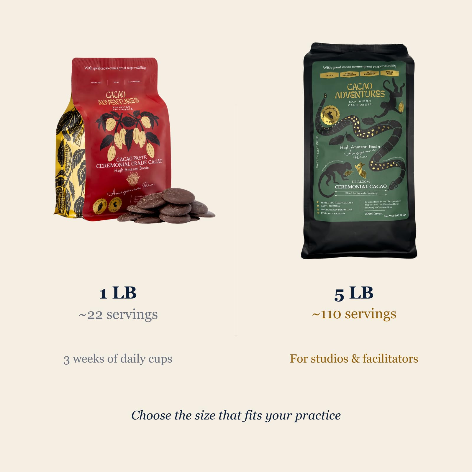 Cacao Adventures Ceremonial Grade Cacao | 100% Pure | Dairy Free & Vegan | Unsweetened | Ethically sourced and sustainably grown |Vegan Peruvian| 8 oz
