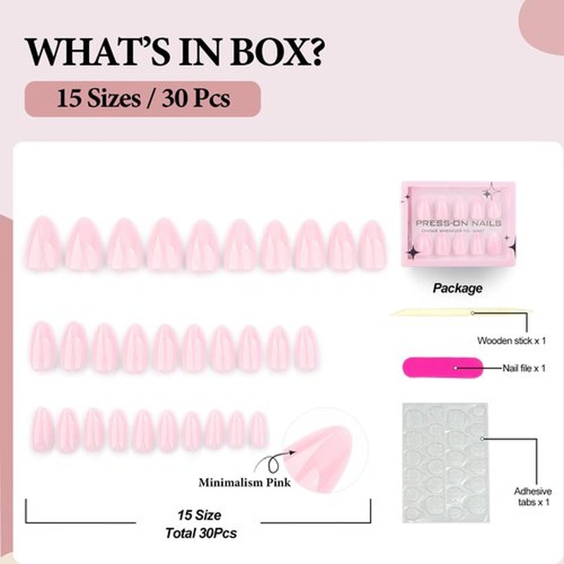 Fomkrio Solid Light Pink Short Press On Nails Almond Acrylic Daily Minimalism Spring Summer Fake False Nails for Women Girls, 15 Sizes - 30Pcs Manicure Nail Kit