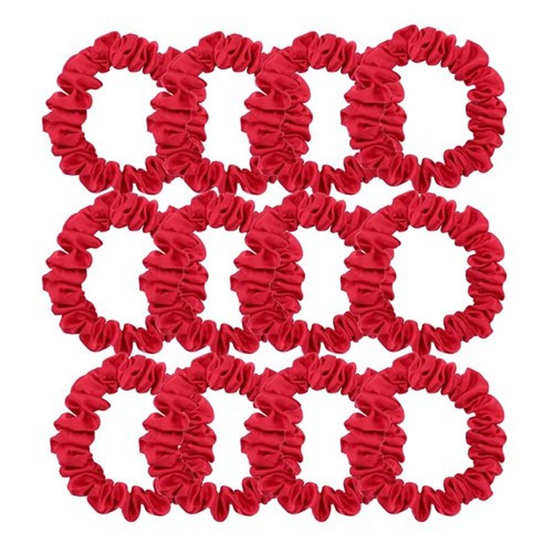 12 Pcs Skinny Satin Silk Scrunchies Hair Ties for Women Girls Bracelets Ponytail Holder Thin Hair Bands Elastic Ropes Hair Bun Accessories (Skinny 12Pcs-Red)