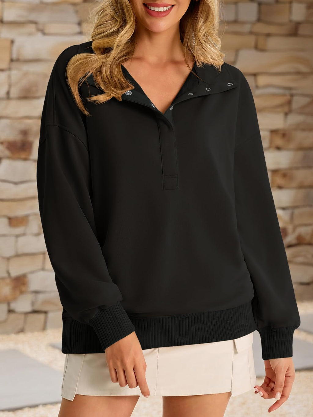 Fisoew Womens Oversized Sweatshirts Casual Long Sleeve Snap Button Henley Neck Loose Fit Fall Pullover Tops