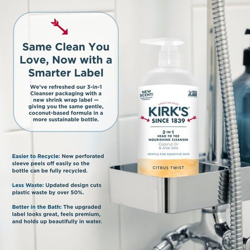 Kirk's 3-in-1 Head to Toe Nourishing Liquid Cleanser- for Men, Women & Children - Premium Coconut Oil & Aloe Vera- Non GMO & Vegan - Citrus Twist - 32 Fl Oz.
