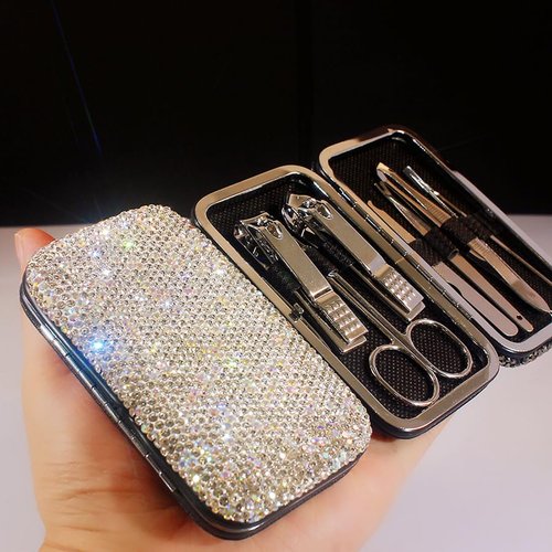 BestBling Bling Rhinestone Manicure Set Nail Clippers Pedicure Kit-8 Pieces,Stainless Steel Manicure Kit Pedicure Set Grooming Kits Nail Care Tools with Travel Case for Women Girls (Silver)