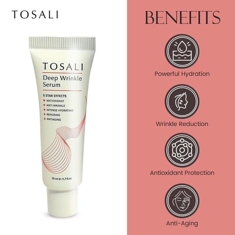 Tosali Deep Wrinkle Serum 1.7 fl oz - Anti Aging Hyaluronic Acid Serum for Face with Vitamin C, Panthenol & Zinc, Hydration for Face, Smooths Skin Texture, Reduces Wrinkles, Plumps Fine Lines