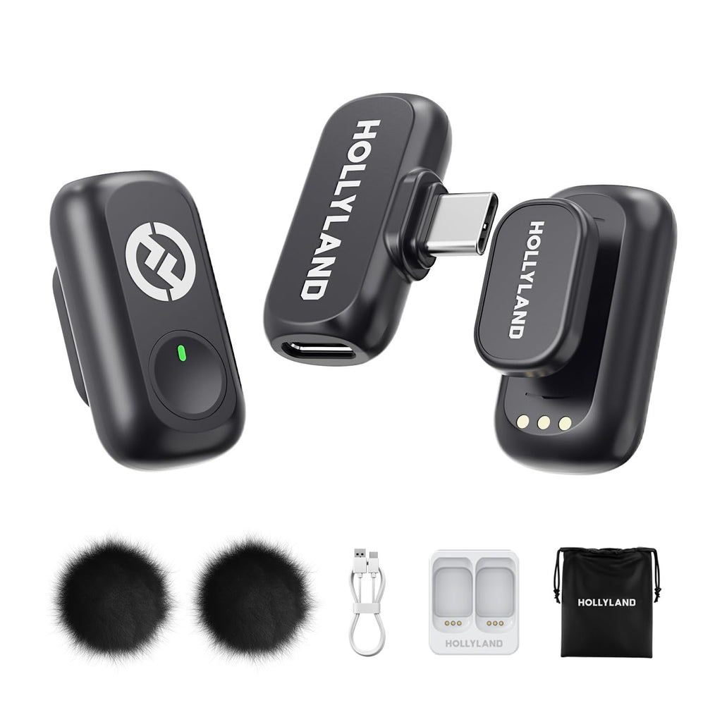 Hollyland Lark A1 Wireless Microphone for iPhone & Android, 48kHz/24-bit Studio Audio, 3-Level Noise Cancellation, 200m Range, Magnetic Mini Mic for Video Recording & Live Streaming (2TX + USB-C RX)