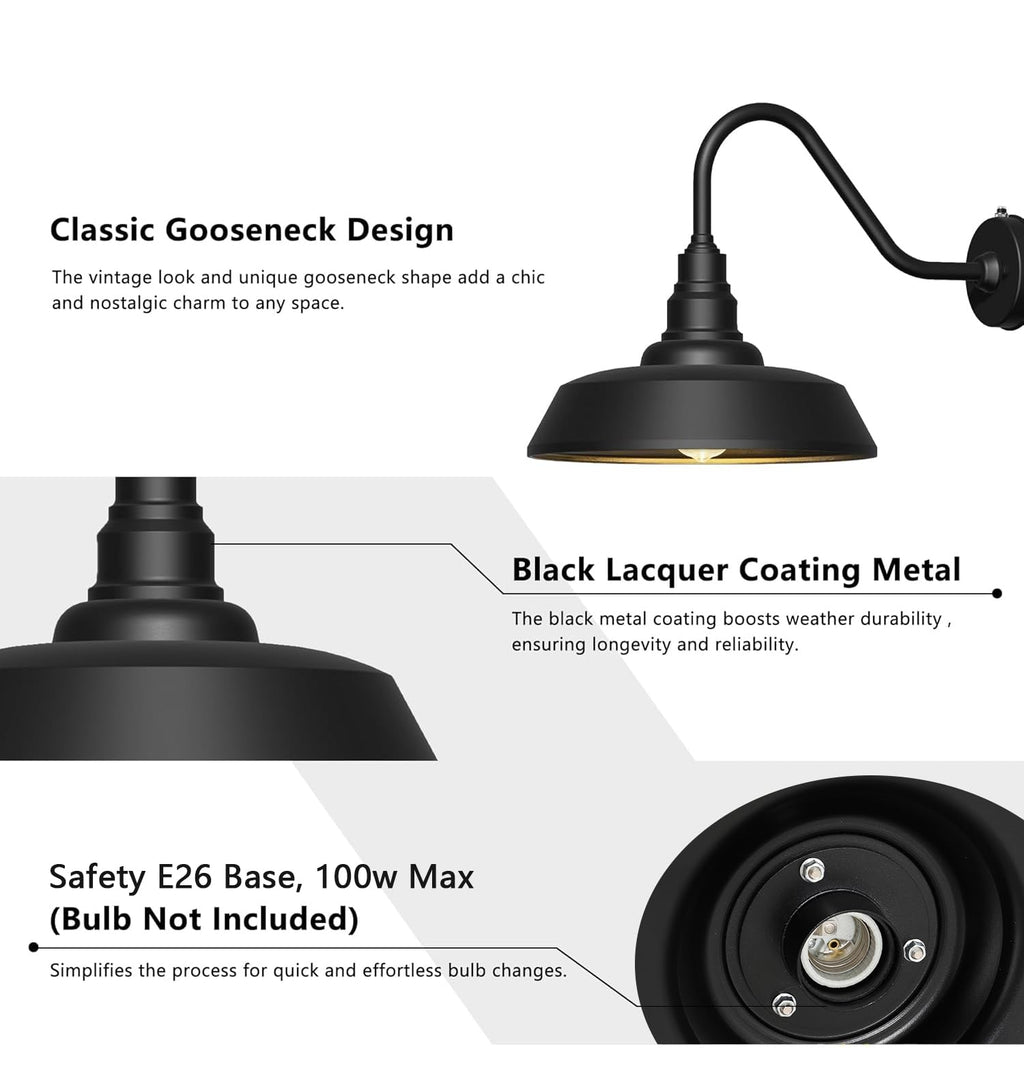 Franing 15 Inch Large Outdoor Gooseneck Barn Light, Dusk to Dawn Barn Lights 2-Pack, Exterior Classic Black Barn Light for Porch, Farmhouse, Garage, Gooseneck Lighting