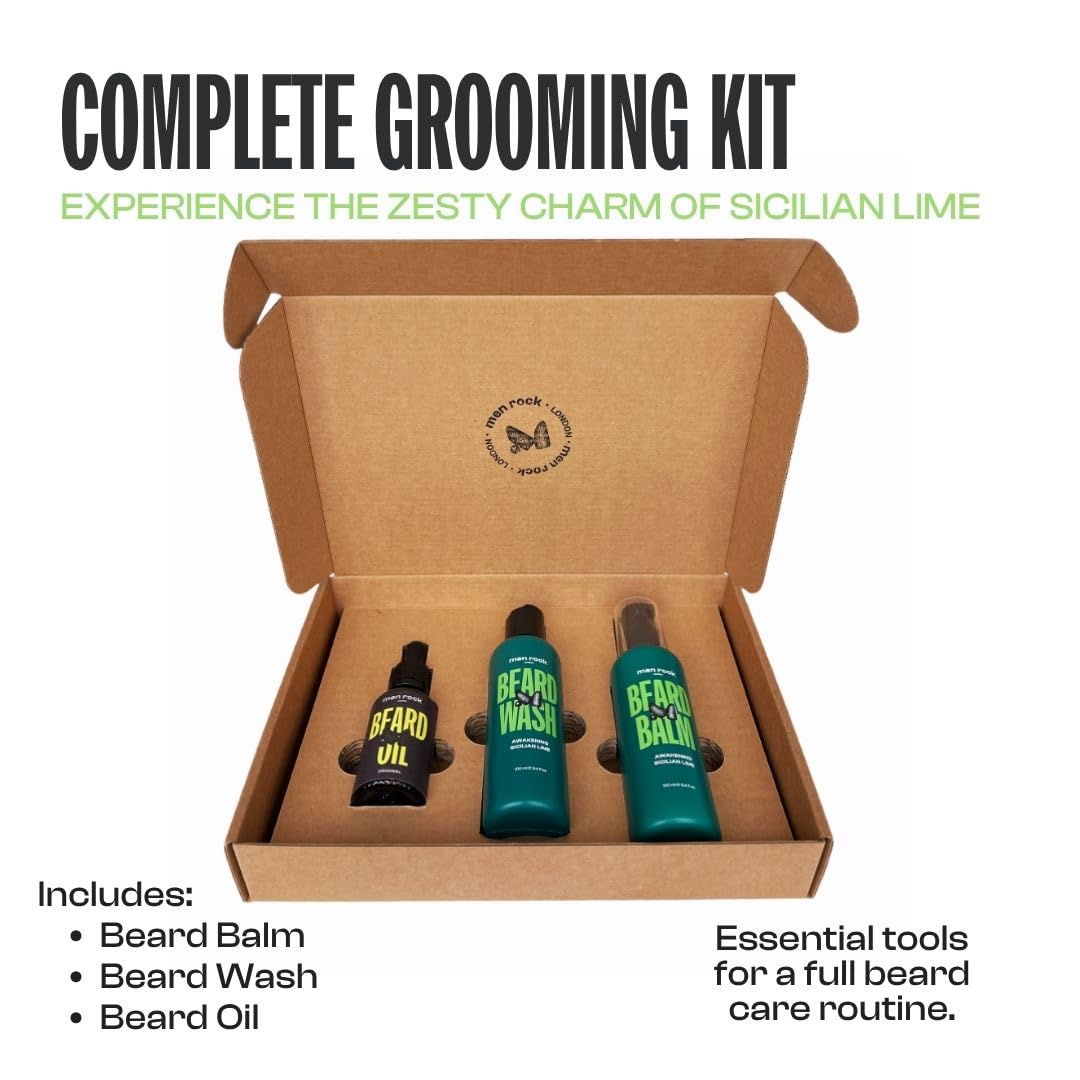 Men Rock Beardy Beloved Awakening Essential Beard Kit - Sicilian Lime - Beard Oil, Balm, and Wash - Mens Face Care - Skincare Products for Men - 3 Pc
