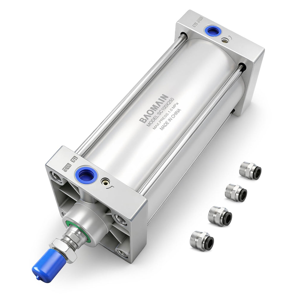Baomain Pneumatic Air Cylinder SC 100 x 250, PT 1/2 Port, 3.94" Bore, 9.84" Stroke, Single Rod Double Acting, M20X1.5 Threaded Rod, with 4X Push-in Fittings