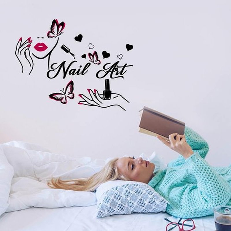 SUPERDANT Nail Art Wall Decor Nails Theme Wall Stickers with Butterfly Decals Nail Salon Stickers for Walls Vinyl Art Decor Gift for Girl Woman Bedroom Dressing Room Decoration
