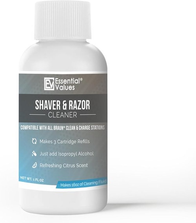 Essential Values Electric Shaver Cleaning Solution - Compatible with Braun Clean & Renew - 3 Bottles for 9 Refills - Made in USA