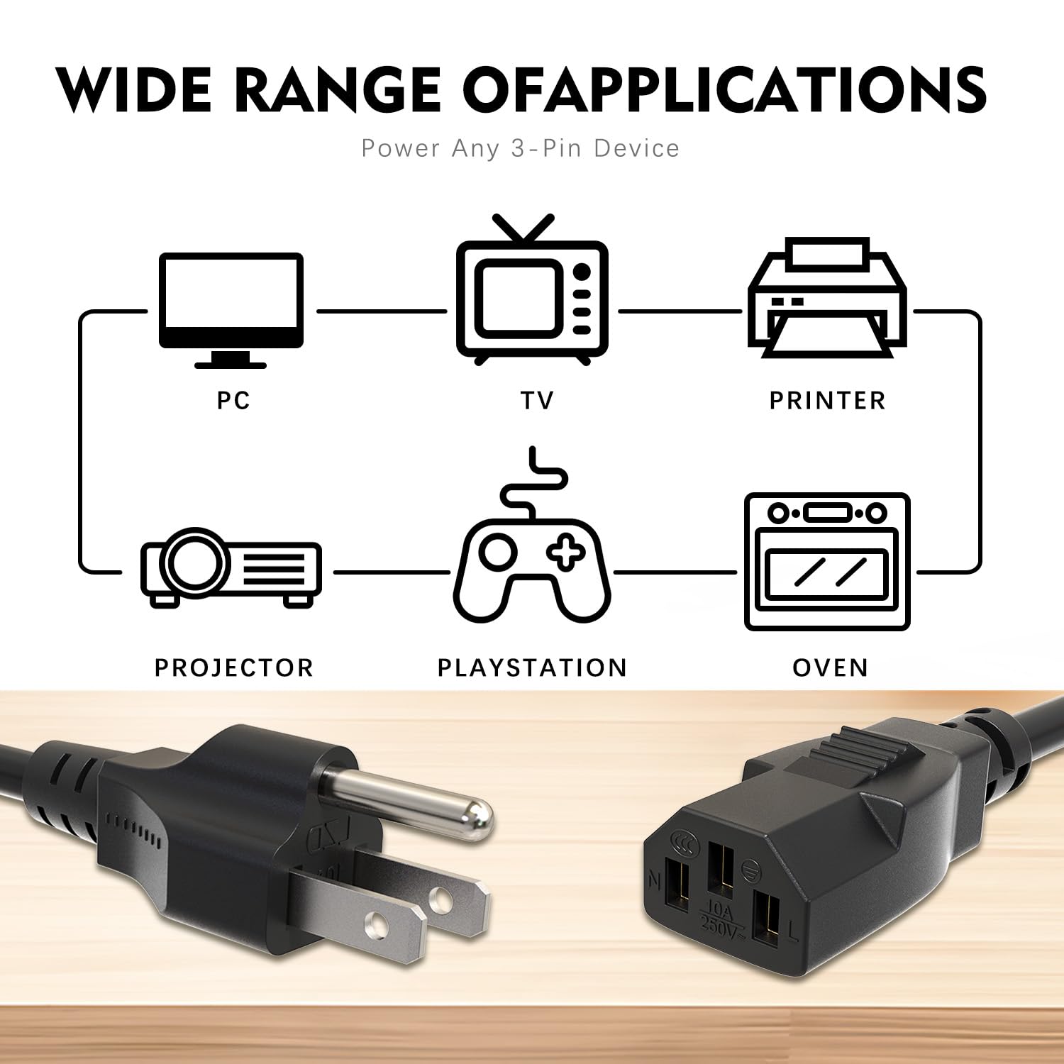 10 Ft AC Power Cord Compatible with Horizon Fitness Treadmills Ellipticals, Universal 3 Prong Power Cable Charger Replacement