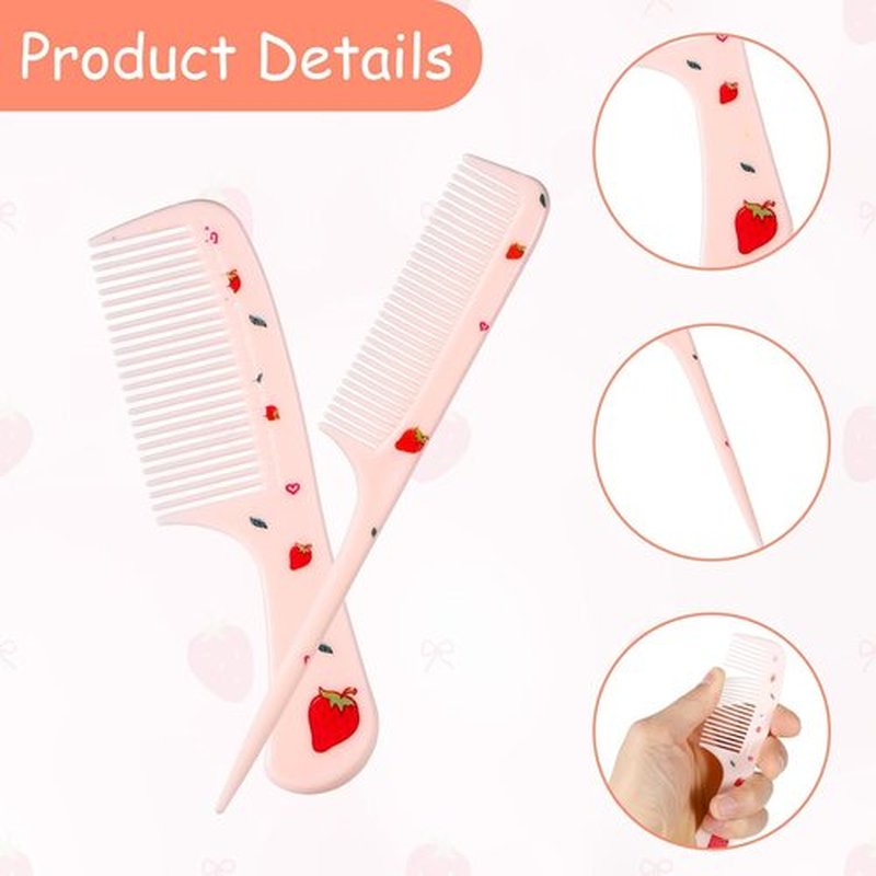 Skiennix Cute Hair Comb Set - Pink Strawberry Fine Tooth & Rat Tail Combs for Kids and Toddlers