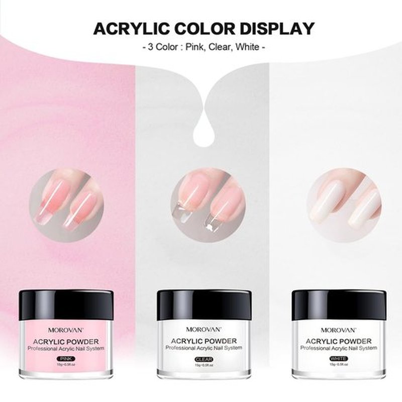 Morovan Acrylic Nail Kit: Clear Pink White Powder and Professional Liquid Set for Nail Extension - DIY at Home With Brush for Beginners