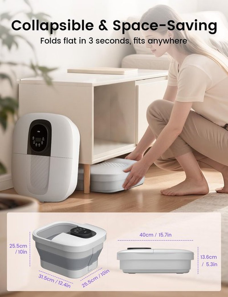 RIKE Collapsible Foot Spa with Heat, Bubbles, 24-Level Temp Control, Red Light, Timer, Foot Soaking Tub with 6 Shiatsu Rollers & Pumice Stone, Foot Bath Massager Pedicure FootSpa for Stress Relief