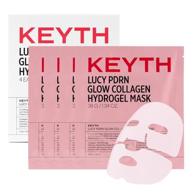 KEYTH Lucy PDRN Glow Collagen Hydrogel Mask - Deep Hydration & Skin Elasticity Boost | 4 Pack (1.34 oz Each)