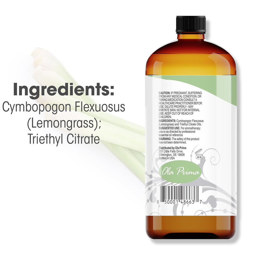 Ola Prima Lemongrass Essential Oil for Aromatherapy, Diffuser, Cleaning, Skin, Hair Health, Relaxation, Soap & Candle Making (16oz Bulk)