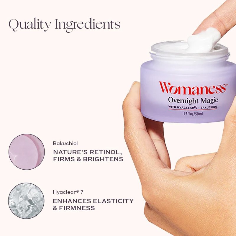 Womaness Overnight Magic Night & Day Face Cream for Women - Anti-Aging Cream with Hyaluronic Acid & Bakuchiol - Hydrating Facial Creams for Day or Night Use – Products for Radiant Aging Skin – 1.7oz
