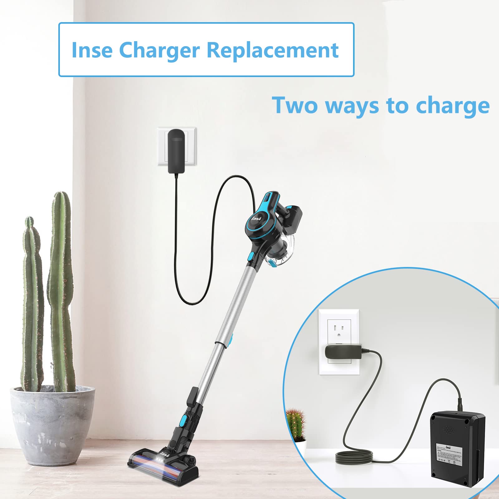VHBW Charger for INSE Cordless Vacuum Charger Fit with Inse N5S N5 N6 N6S V70 N6-1 N6-2 AC, Power Cord for Wowgo S108, Replacement Power Adapter Deik VC-1518-US Cordless Vacuum 5.9FT