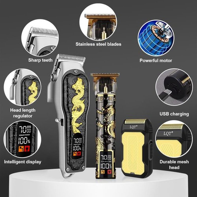 LQT Hair Clippers 3-Piece Men's Professional Cordless Haircutting Set with LED Display, Trimmer, Shaver, Beard Clipper - Gift for Man