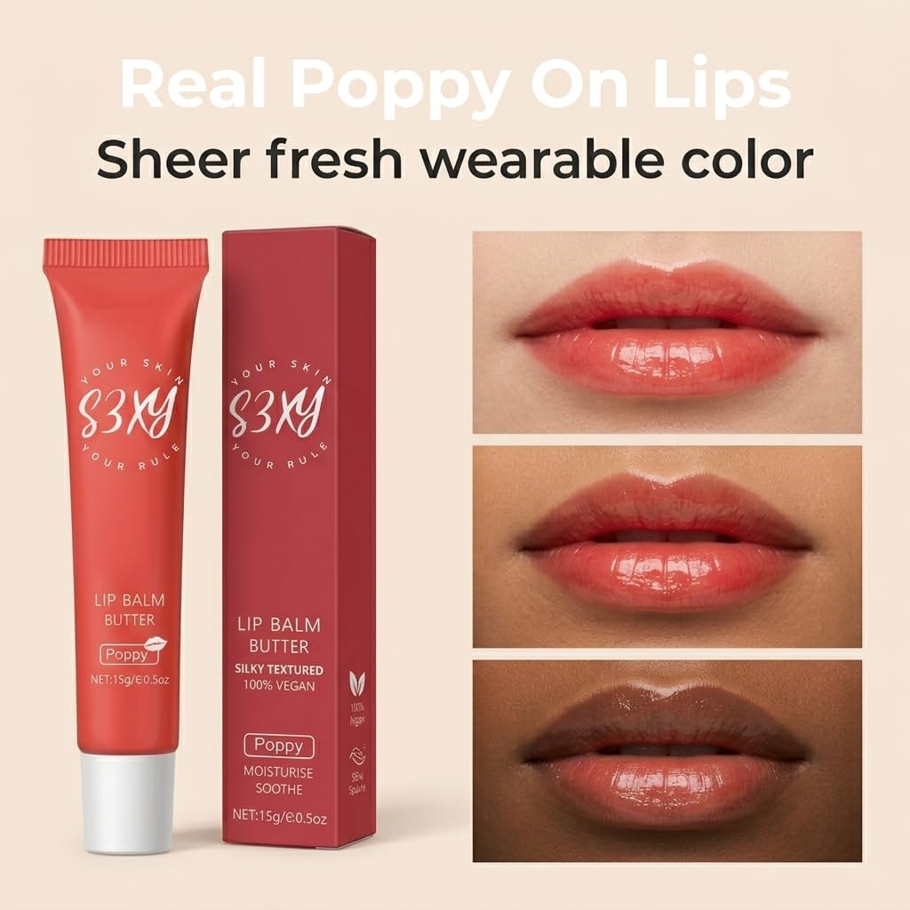 S3XY Tinted Lip Balm Butter - Vegan- Conditioning Lip Balm for Instant Moisture, Shine & Hydration - Sheer-Tinted, Soothing Skincare (Poppy)