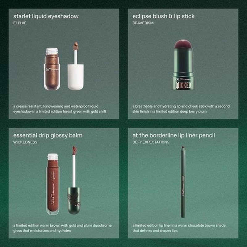 r.e.m. beauty by Ariana Grande Wicked: For Good | Elphaba Makeup Set | Waterpoof Eye Shadow, All Over Glow Stick, Creamy Lip Liner, Glossy Lip Balm | 4 Full Size Products
